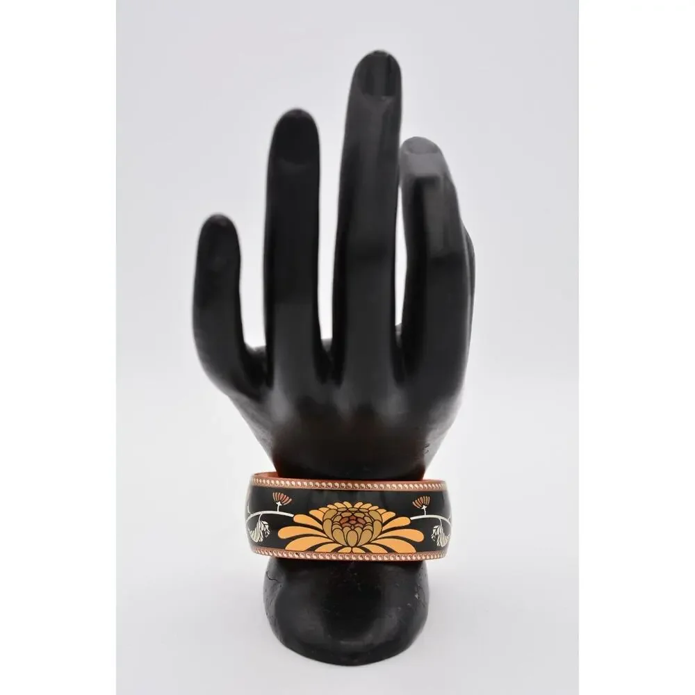 80F Damascene Cuff Bangle Bracelet Copper Lotus Flower Black Signed BinAW